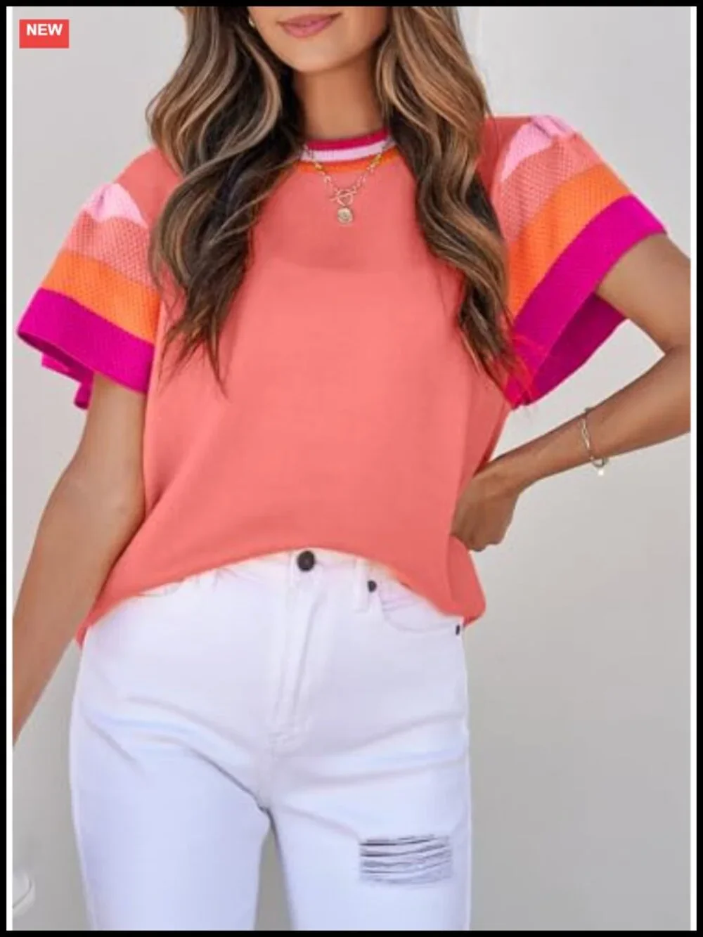 Women's Color Block Knit Pullover Sweater Short Sleeve Crewneck Lightweight